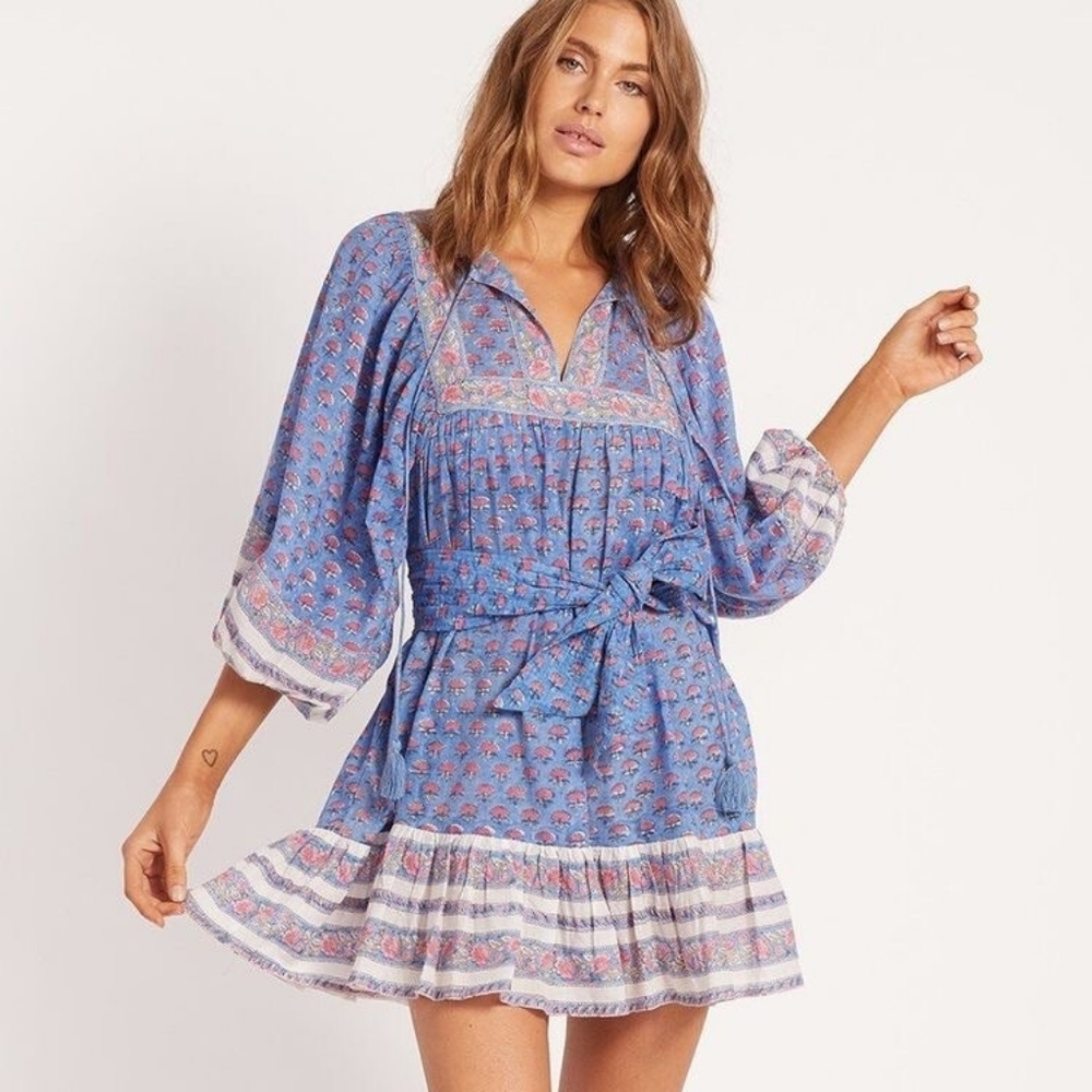 NEW Cleobella Magdalena 100% Cotton Mini Dress Blue Pink Lotus Floral Print - XS